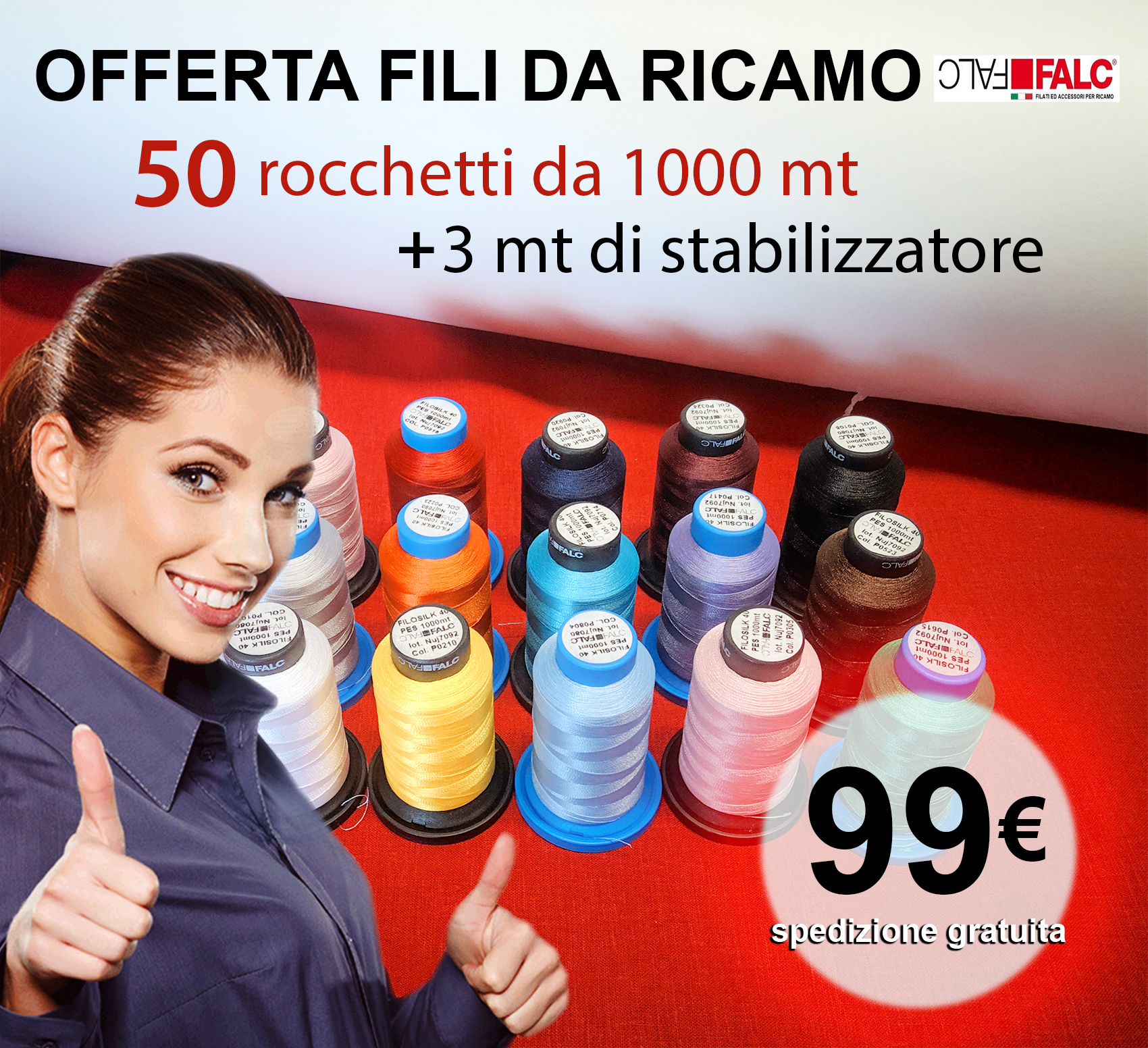 Offerta - fili da ricamo 50 rocchetti da 1000mt + 3mt di stabilizzatore