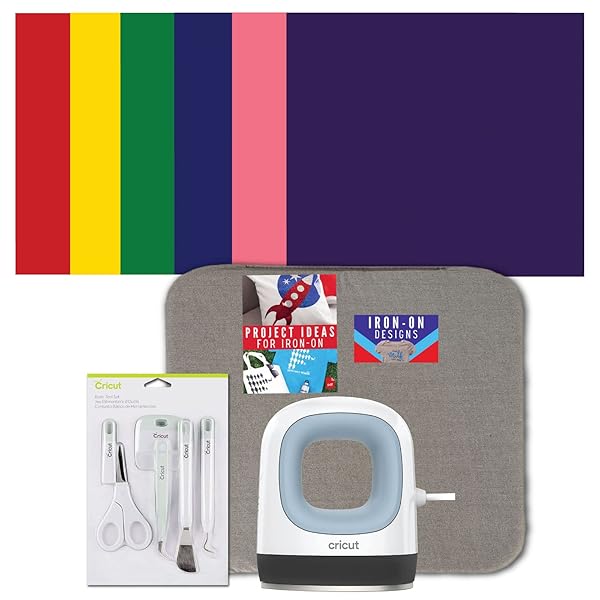 Cricut Easy Press Mini with Mat, Tool Kit and Rainbow Iron-On Roll Bundle - Small Heat Press Machine for Heat Transfer Vinyl and Sublimation, Portable Iron for Small Objects, Pressing Ironing Machine