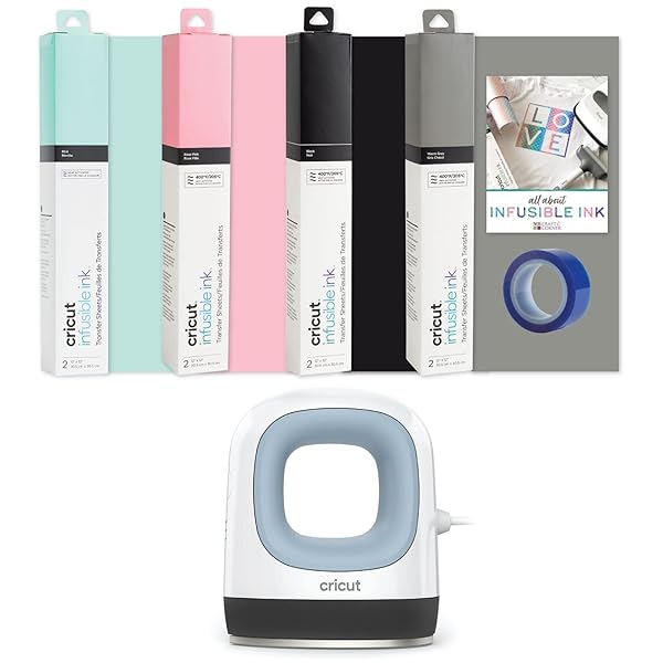 Cricut EasyPress Mini Heat Press Machine Zen Blue and Cricut Infusible Ink Bundle Small Portable Heat Press For T-Shirts Shoes Bags Small Projects Sublimation Sheets in Black Mint Rose Prink Warm Grey