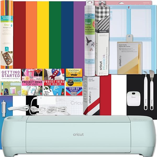 Cricut Explore 3 Machine Ultimate Bundle, con campionatore in vinile arcobaleno, inchiostro infusibile, kit per la creazione di biglietti, rotoli campionatori termoadesivi, strumenti per diserbo e