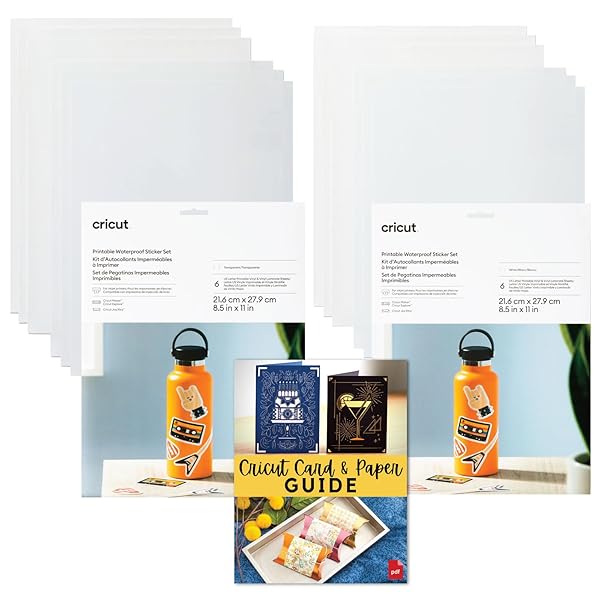 Cricut Set di adesivi stampabili in bianco e trasparente, forniture per la creazione di adesivi fai da te, fogli adesivi impermeabili in vinile e laminati per disegni di adesivi personalizzati per