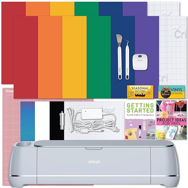 Pacchetto kit Cricut Maker 3 Machine di strumenti di base, nastro di trasferimento intelligente permanente, vinile arcobaleno, fai da te, taglio senza pedana, 10 volte la forza e il doppio della velocità, compatibile con iOS Android Windows e Mac, connettività Bluetooth