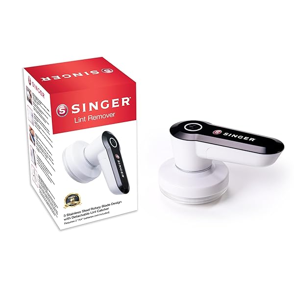 SINGER Rasoio compatto in tessuto e rimozione pelucchi, dispositivo portatile alimentato a batteria con 3 lame in acciaio inox e raccogli pelucchi rimovibile